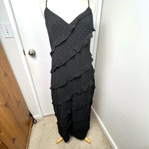 Bardot Maxi Dress size 10 Black Swiss Dot Asymmetrical Ruffle Whimsigoth